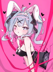 Rule 34 | 1girl, absurdres, animal ears, black leotard, blue eyes, blue hair, blush, breasts, fake animal ears, fishnet pantyhose, fishnets, hair ornament, hatsune miku, heart, heart-shaped pupils, highres, hole in wall, leotard, looking at viewer, medium breasts, one eye closed, pantyhose, parted lips, pink ribbon, playboy bunny, rabbit ears, rabbit hole (vocaloid), ribbon, solo, sweat, symbol-shaped pupils, teardrop facial mark, tensann3, through wall, twintails, vocaloid, x hair ornament
