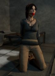 Rule 34 | 1girl, 3d, arms behind back, ass, ball gag, bdsm, bondage, bound, bound ankles, breasts, brown eyes, brown hair, gag, gagged, hogtie, iorel-renders, jewelry, lara croft, necklace, rope, tomb raider