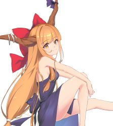 Rule 34 | 1girl, absurdres, blunt bangs, bow, feet out of frame, hair bow, highres, horn ornament, horn ribbon, horns, ibuki suika, long hair, low-tied long hair, oeyama, orange hair, red bow, ribbon, simple background, sitting, solo, touhou, very long hair, white background