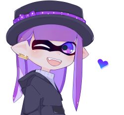 Rule 34 | 1girl, absurdres, bow, commentary request, dot nose, glint, hat, hat bow, heart, highres, inkling, inkling girl, inkling player character, koke (banburu be x), long hair, nintendo, one eye closed, open mouth, pointy ears, purple bow, purple eyes, purple hair, simple background, solo, splatoon (series), teeth, tentacle hair, upper body, upper teeth only, white background