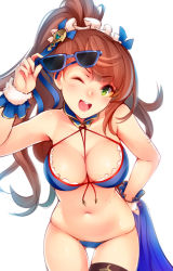 Rule 34 | 10s, 1girl, ;d, bare shoulders, beatrix (granblue fantasy), bikini, blush, breasts, brown hair, cleavage, gluteal fold, granblue fantasy, green eyes, large breasts, long hair, looking at viewer, navel, one eye closed, open mouth, ponytail, ricegnat, simple background, smile, solo, sunglasses, swimsuit, white background, wrist cuffs