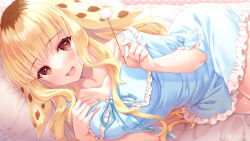 Rule 34 | 1girl, :d, animal ears, blonde hair, blue negligee, blunt bangs, blush, breasts, brown eyes, bubbly bunnana, collarbone, commentary request, commission, cowboy shot, curvy, eyelashes, fingernails, frilled negligee, frilled sleeves, frills, hair spread out, hand up, head on pillow, indie virtual youtuber, indoors, itsuki jun, lingerie, long hair, looking at viewer, lying, medium breasts, mimikaki, negligee, on side, open mouth, short sleeves, sidelocks, skeb commission, smile, solo, twitter username, underwear, virtual youtuber, wavy hair