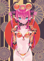 Rule 34 | 1girl, animal ears, armor, bare shoulders, bell, bikini, bikini armor, blade (galaxist), breasts, child, chinese zodiac, collarbone, cowboy shot, curled horns, dragon horns, elizabeth bathory (brave) (fate), elizabeth bathory (fate), fake animal ears, fate/grand order, fate (series), floral background, floral print, flower, groin, hands up, highleg, highleg bikini, highleg swimsuit, horns, jingle bell, long hair, looking at viewer, mouse ears, navel, parted lips, pelvic curtain, pink flower, pink hair, pointy ears, red bikini, rose print, see-through, sidelocks, small breasts, solo, swimsuit, twintails, vambraces, very long hair, white flower, year of the rat