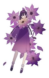 Rule 34 | 1girl, belt, closed eyes, commentary, covering own mouth, covering privates, dress, expressionless, floating hair, flower, flower request, full body, holding, holding flower, long dress, long hair, no mouth, original, petals, purple dress, purple flower, purple footwear, purple hair, purple theme, simple background, socks, solo, standing, white background, white socks, zero (jckz2334)