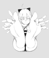 Rule 34 | 1boy, 1girl, barefoot, between toes, fate/grand order, fate (series), feet, foot focus, holding with feet, hands on feet, heh, highres, monochrome, no shoes, okita souji (fate), okita souji (koha-ace), pov, soles, toes