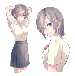 Rule 34 | 1girl, adjusting hair, arms behind head, black eyes, black skirt, blush, bow, bowtie, breasts, closed mouth, collared shirt, cropped legs, cropped torso, dress shirt, grey background, hair over one eye, hair tie in mouth, kirishima touka, medium breasts, mouth hold, nabe-box, pleated skirt, red bow, red bowtie, shirt, shirt tucked in, short hair, short sleeves, simple background, skirt, smile, tokyo ghoul, tying hair