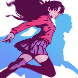 Rule 34 | 1boy, 1girl, archer (fate), black hair, black thighhighs, blue eyes, command spell, fate/stay night, fate (series), from side, ilya kuvshinov, leg up, lips, long hair, long legs, looking at viewer, parted lips, silhouette, skirt, thighhighs, tohsaka rin, zettai ryouiki