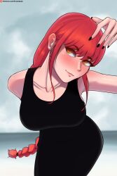 Rule 34 | 1girl, absurdres, arm behind back, beach, bent over, black dress, black nails, blush, braid, breasts, chainsaw man, closed mouth, collarbone, dress, female focus, fingernails, fraankyy, highres, large breasts, leaning forward, lipstick, long fingernails, long hair, looking at viewer, makeup, makima (chainsaw man), nail, nail polish, outdoors, patreon logo, patreon username, pov, red hair, ringed eyes, sky, solo, standing, upper body, watermark, web address, wide hips, yellow eyes