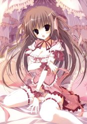 Rule 34 | 1girl, absurdres, breasts, brown hair, cleavage, curtains, d:, dress, frilled thighhighs, frills, highres, inugami kira, open mouth, panties, pantyshot, purple eyes, sitting, solo, thighhighs, underwear, wariza, white panties, white thighhighs, wrist cuffs