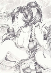 Rule 34 | 1girl, breasts, cleavage, covered erect nipples, folding fan, graphite (medium), greyscale, hand fan, japanese clothes, legs, long hair, looking at viewer, mikuro, monochrome, ponytail, revealing clothes, shiranui mai, smile, solo, squatting, the king of fighters, traditional media