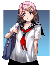 Rule 34 | 1girl, arm behind back, bag, blush, border, breasts, duffel bag, gradient background, grin, hair ornament, hairclip, highres, kouno (masao), looking at viewer, neckerchief, nipples, no bra, original, outside border, over shoulder, parted lips, red neckerchief, revision, sailor collar, school uniform, see-through, serafuku, shirt, short hair, short sleeves, small breasts, smile, solo, swept bangs, teeth, upper body, wet, wet clothes, white border, white shirt