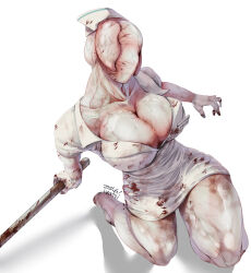 Rule 34 | 1girl, 2024, artist request, breasts, bubble head nurse, cleavage, creepy, dated, faceless, faceless female, full body, gloves, hat, highres, holding, holding weapon, horror (theme), large breasts, monster girl, no eyes, no mouth, nurse, nurse (silent hill), nurse cap, shiny skin, signature, silent hill (series), silent hill 2, simple background, solo, weapon, white background, white gloves, wide hips
