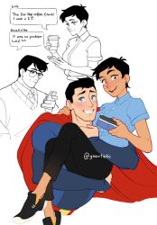 Rule 34 | 1boy, 1girl, black hair, black pants, blue eyes, blush, brown eyes, cape, carrying, cellphone, clark kent, collared shirt, commentary, cup, dark-skinned female, dark skin, dc comics, disposable cup, english commentary, english text, glasses, grin, highres, lois lane, my adventures with superman, necktie, open mouth, pants, phone, shirt, smartphone, smile, superman, superman (series), sweater, text messaging, twitter username, ynartistic