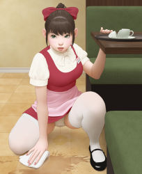 Rule 34 | 1girl, looking at viewer, munio world, peeing, puddle, squatting, thighhighs, upskirt, waitress, white thighhighs