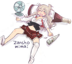 Rule 34 | 1girl, alcohol, blush, bottle, breasts, closed eyes, electric fan, grey hair, hair between eyes, hat, unworn hat, unworn headwear, kantai collection, kashmir, long hair, lying, on back, open clothes, open shirt, pillow, pola (kancolle), red skirt, shirt, simple background, skirt, solo, thick eyebrows, thighhighs, thighhighs pull, white background, white shirt, white thighhighs
