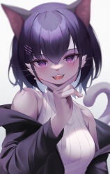 Rule 34 | 1girl, absurdres, animal ears, bare shoulders, blush, body fur, cat ears, cat girl, cat tail, fangs, female focus, furry, furry female, hair ornament, hairclip, highres, jacket, kemonoyou, looking at viewer, off shoulder, open mouth, original, pawpads, piercing, purple eyes, purple hair, ribbed sweater, sleeveless, sleeveless sweater, solo, sweater, tail, teeth, tongue piercing, upper body, whiskers