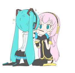 Rule 34 | 2girls, @ @, absurdres, aqua hair, armband, bare shoulders, black legwear, black shirt, black skirt, black sleeves, commentary, detached sleeves, food, gold trim, grey shirt, hair ornament, hands on another&#039;s cheeks, hands on another&#039;s face, hands up, hatsune miku, hatsune negame, headphones, highres, imminent kiss, kneeling, long hair, long skirt, looking at another, megurine luka, miniskirt, mouth hold, multiple girls, pink hair, pleated skirt, pocky, pocky day, pocky kiss, seiza, shared food, shirt, side slit, single sleeve, sitting, skirt, sleeveless, sleeveless shirt, sparkle, sweat, thighhighs, twintails, v-shaped eyebrows, very long hair, vocaloid, white background, yuri, zettai ryouiki