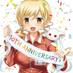 Rule 34 | 1girl, :d, anniversary, blonde hair, breasts, clothes writing, collared jacket, commentary request, confetti, creature, creature on shoulder, dot nose, drill hair, fingernails, flower, gym uniform, hair flower, hair ornament, hairpin, hands up, happy, holding, holding cloth, jacket, kyubey, large breasts, light blush, looking at viewer, mahou shoujo madoka magica, mahou shoujo madoka magica (anime), mai (maittingu), name tag, on shoulder, open mouth, red jacket, sash, signature, simple background, smile, solo, tareme, tomoe mami, tomoe mami no heibon na nichijou, track jacket, twin drills, uniform, upper body, white background, yellow eyes