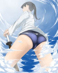 Rule 34 | 1girl, ass, black hair, brown eyes, cloud, day, from below, giant, giantess, highres, huge giantess, long hair, looking down, ponytail, sakamoto mio, school swimsuit, shirt, sky, smile, solo, standing, strike witches, swimsuit, swimsuit under clothes, sword, terada ochiko, weapon, white shirt, wooden sword, world witches series