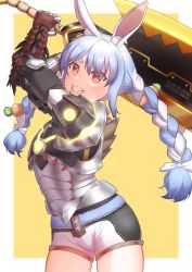 Rule 34 | 1girl, absurdres, animal ear fluff, animal ears, artist request, blue hair, braid, food-themed hair ornament, hair ornament, highres, hololive, long hair, looking at viewer, monster hunter (series), monster hunter rise, multicolored hair, open mouth, rabbit ears, rathalos (armor), smile, solo, sword, twin braids, twintails, two-tone hair, usada pekora, virtual youtuber, weapon, white hair