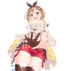 Rule 34 | (tat), 1girl, atelier (series), atelier ryza, atelier ryza 1, belt, brown eyes, brown gloves, brown hair, brown thighhighs, commentary request, gloves, hair ornament, hairclip, hat, highres, looking at viewer, open mouth, red shorts, reisalin stout, short hair, short shorts, shorts, simple background, single glove, solo, thighhighs, thighs, wavy mouth, white background, white hat, white thighhighs