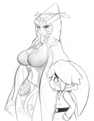 Rule 34 | 1boy, 1girl, blush, breasts, cleavage, cloak, front ponytail, greyscale, hat, height difference, hood, huge breasts, link, mato spectoru, midna, midna (true), monochrome, navel, nintendo, pointy ears, spoilers, the legend of zelda, the legend of zelda: twilight princess, tiara, toon link