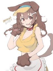 Rule 34 | 1girl, alternate costume, animal collar, animal ears, animal hands, apron, bare shoulders, baseball cap, bone, bone hair ornament, braid, breasts, brown eyes, brown hair, cleavage, collar, collarbone, commentary, cowboy shot, cropped shirt, dog ears, dog girl, dog tail, doggy god&#039;s street, english commentary, english text, hair between eyes, hair ornament, hand up, hat, highres, hololive, inugami korone, looking at viewer, medium hair, milka (milk4ppl), open mouth, red collar, shirt, simple background, sleeveless, sleeveless shirt, smile, solo, spiked collar, spikes, standing, tail, twin braids, v-shaped eyebrows, virtual youtuber, waist apron, white apron, white background, yellow hat, yellow shirt