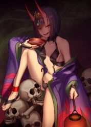 Rule 34 | 1girl, alcohol, ankle ribbon, bare shoulders, barefoot sandals (jewelry), blush, bob cut, bone, breasts, bridal gauntlets, collarbone, cup, eyeliner, fate/grand order, fate (series), feet, headpiece, highres, horns, japanese clothes, ju go (toamariitutu), kimono, knee up, lantern, leg ribbon, long sleeves, looking at viewer, makeup, navel, off shoulder, oni, open clothes, open kimono, purple eyes, purple hair, purple kimono, red ribbon, revealing clothes, ribbon, sakazuki, sake, short eyebrows, short hair, shuten douji (fate), sitting, skin-covered horns, skull, small breasts, smile, solo, thighs, wide sleeves