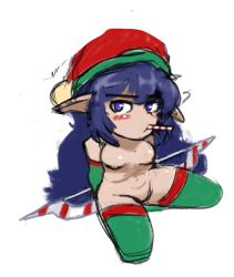 Rule 34 | 1girl, :/, blue eyes, blue hair, blush, bow (weapon), breasts, candy, candy cane, closed mouth, detached sleeves, doce, elf, elf archer (terraria), female focus, food, food in mouth, full body, green thighhighs, hat, long hair, looking at viewer, nude, pointy ears, santa hat, seiza, simple background, sitting, solo, terraria, thighhighs, weapon, white background