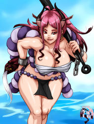 Rule 34 | 1girl, 7th-heaven, alternate costume, alternate hair color, breasts, cleavage, club, club (weapon), earrings, highres, hoop earrings, jewelry, kanabou, large breasts, one piece, outdoors, parted bangs, solo, standing, stomach, tagme, weapon, yamato (one piece)
