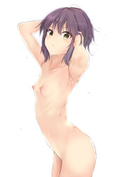 Rule 34 | 1girl, absurdres, armpits, arms behind head, breasts, chinese commentary, commentary, completely nude, cowboy shot, female focus, hair between eyes, highres, looking at viewer, nagato yuki, nagi (shunsuke-manage), nipples, nude, purple hair, short hair, simple background, small breasts, solo, suzumiya haruhi no yuuutsu, topless, white background, yellow eyes