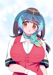 Rule 34 | 1girl, bird wings, black hair, blue hair, blush, bow, bowtie, breasts, empty eyes, flight attendant, gloves, hat, head wings, highres, huge breasts, kemono friends, kemono friends 2, kemono friends 3, long hair, looking at viewer, mamiyama, multicolored hair, open mouth, passenger pigeon (kemono friends), shirt, short sleeves, smile, solo, travel attendant, vest, wings