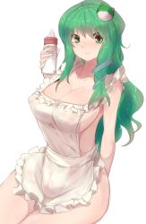Rule 34 | 1girl, alternate costume, apron, arms behind back, baby bottle, blush, bottle, breasts, cameltoe, cleavage, closed mouth, collarbone, covered erect nipples, cowboy shot, curvy, frilled apron, frills, frog hair ornament, green eyes, green hair, hair ornament, highres, holding, holding bottle, kaizu (kaizukurodai), kochiya sanae, large breasts, long hair, looking at viewer, naked apron, sideboob, sidelocks, simple background, smile, snake hair ornament, solo, thighs, touhou, wet, wet clothes, white apron, white background