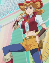 Rule 34 | 1girl, belt, big hair, breasts, cowboy hat, female focus, hat, highres, large breasts, legs, light brown hair, melissa claire, microphone, midriff, navel, screencap, shirt, smile, third-party edit, vest, yu-gi-oh!, yu-gi-oh! arc-v