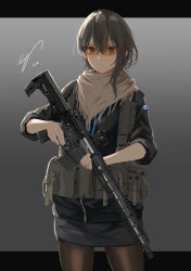 Rule 34 | 1girl, airsoft, bad id, bad pixiv id, belt, black hair, black jacket, closed mouth, commentary request, cowboy shot, gradient background, grey background, gun, hair between eyes, highres, holding, holding weapon, jacket, military, mole, mole under eye, mtr16, multicolored hair, orange-tinted eyewear, orange-tinted glasses, original, pantyhose, scarf, shoulder strap, single sidelock, skirt, solo, streaked hair, sunglasses, takagaki eru, tinted eyewear, utility belt, visor, weapon