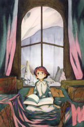 Rule 34 | 1girl, bed sheet, book, plant, red eyes, red hair, satou toshiyuki, short hair, solo, vines, window