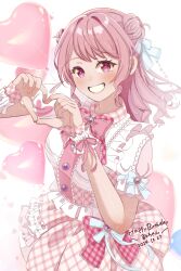 1girl balloon bang_dream! commentary double_bun dress elu_pom frilled_dress frilled_skirt frilled_sleeves frills hair_bun hair_ornament happy_birthday heart heart_balloon heart_hands highres looking_at_viewer maruyama_aya official_alternate_costume pink_dress pink_eyes pink_hair ribbon skirt smile solo upper_body white_dress white_ribbon