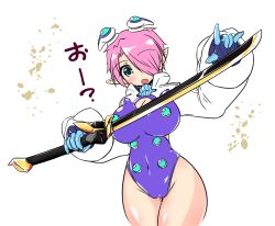 Rule 34 | 1girl, blue eyes, blush, breasts, cameltoe, cleavage, cleavage cutout, clothing cutout, cowboy shot, hair ornament, hair over one eye, holding, holding sword, holding weapon, katana, large breasts, open mouth, original, phantasy star, phantasy star zero, pink hair, pointy ears, rei (holyspirit), short hair, solo, sword, thighhighs, weapon, zefirumu