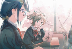Rule 34 | 3girls, artist name, bell, black-framed eyewear, black hair, blurry, blurry foreground, book, bow, bowtie, chair, cherry blossoms, classroom, closed mouth, collared shirt, commentary request, daiba nana, day, depth of field, desk, from side, glasses, green eyes, green ribbon, grey jacket, grey skirt, guagua shijie, hair behind ear, hair bell, hair ornament, hair over shoulder, hair ribbon, hand on own cheek, hand on own face, hand up, head rest, holding, holding book, holding pen, hoshimi junna, indoors, jacket, jingle bell, lens flare, light brown hair, light particles, light smile, long hair, long sleeves, looking at another, looking away, looking to the side, low ponytail, multiple girls, on chair, open book, open clothes, open jacket, pen, profile, red bow, red bowtie, ribbon, school, school chair, school desk, school uniform, seishou music academy uniform, shirt, short hair, short twintails, shoujo kageki revue starlight, side ponytail, sidelocks, sitting, skirt, swept bangs, tree, twintails, white shirt