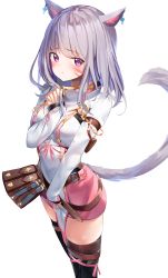 Rule 34 | 1girl, animal ears, warrior of light (ff14), black thighhighs, blush, breasts, cat ears, cat girl, cat tail, closed mouth, commentary request, ear piercing, facial mark, final fantasy, final fantasy xiv, grey hair, highres, kurotobi rarumu, long hair, long sleeves, looking at viewer, medium breasts, miqo&#039;te, piercing, pink skirt, purple eyes, shirt, simple background, skirt, sleeves past wrists, solo, standing, tail, thighhighs, whisker markings, white background, white shirt