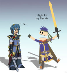 Rule 34 | 2boys, aged up, armor, belt, belt buckle, blue armor, blue background, blue eyes, blue hair, brown belt, buckle, cape, coat, crossover, english text, fingerless gloves, fire emblem, fire emblem: path of radiance, full body, gloves, gradient background, headband, holding, holding sword, holding weapon, ike (fire emblem), ike broflovski, looking at another, male focus, marth (fire emblem), medium hair, mek-003, multiple boys, name connection, nintendo, open mouth, pants, parody, scarf, shadow, short hair, south park, standing, style parody, super smash bros., sword, talking, weapon