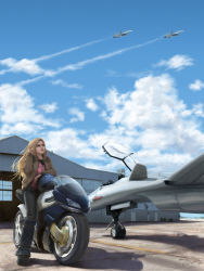 Rule 34 | 1girl, aircraft, airplane, blonde hair, blue sky, cloud, contrail, day, evokid, fighter jet, hangar, helmet, highres, jacket, jet, military, military vehicle, motor vehicle, motorcycle, original, realistic, signature, sky, solo, vehicle, vehicle focus