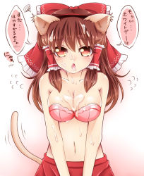 Rule 34 | 1girl, animal ears, blush, bow, bra, breasts, brown hair, cat ears, cat tail, cleavage, cum, cum on body, cum on breasts, cum on upper body, facial, hair bow, hair tubes, hakurei reimu, haruki (colorful macaron), heart, heart-shaped pupils, large breasts, long hair, looking at viewer, open mouth, solo, squiggle, strapless, strapless bra, symbol-shaped pupils, tail, touhou, translation request, underwear, v arms