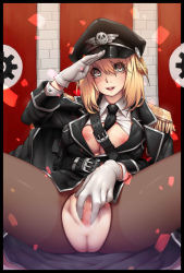 Rule 34 | 1girl, anus, armband, banner, belt, between breasts, black border, black necktie, border, breasts, brick wall, censored, collared shirt, epaulettes, gloves, grey eyes, hat, heart, heart-shaped pupils, highres, jacket, jacket on shoulders, lips, long hair, looking at viewer, military, military uniform, mole, mole under eye, naidong (artist), nazi, necktie, necktie between breasts, nipples, open clothes, open mouth, open shirt, original, pantyhose, peaked cap, pussy, round teeth, salute, shirt, short hair, sitting, skull, solo, spread legs, spread pussy, swastika, symbol-shaped pupils, teeth, torn clothes, torn pantyhose, uniform, white gloves, wing collar