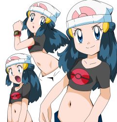 Rule 34 | &gt;:), 1girl, :o, beanie, black shirt, blouse, blue eyes, blue hair, blush, creatures (company), crop top, dawn (pokemon), game freak, hainchu, hat, looking at viewer, matching hair/eyes, midriff, multiple views, navel, nintendo, open mouth, poke ball print, pokemon, pokemon (anime), print shirt, shirt, short sleeves, simple background, smile, solo focus, surprised, sweatdrop, v-shaped eyebrows, white background, white hat