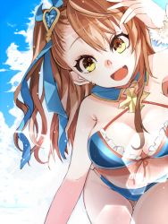 Rule 34 | 10s, 1girl, beatrix (granblue fantasy), breasts, brown eyes, brown hair, cleavage, granblue fantasy, large breasts, long hair, looking at viewer, navel, open mouth, ponytail, smile, solo, swimsuit, tsumugi touto