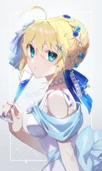 Rule 34 | 1girl, :o, ahoge, alternate costume, aqua eyes, artoria pendragon (all), artoria pendragon (fate), blonde hair, blue bow, blue flower, blue ribbon, blush, bow, braid, choker, commentary request, cup, dress, drink, drinking glass, fate/grand order, fate/stay night, fate (series), fingernails, flower, formal, french braid, hair between eyes, hair flower, hair intakes, hair ornament, hair ribbon, highres, holding, holding cup, holding drink, jewelry, looking at viewer, nail polish, open mouth, parted lips, purple nails, ribbon, saber (fate), short hair, sidelocks, signature, sleeveless, sleeveless dress, solo, star (symbol), star hair ornament, tsuyukusa (eeta7273), twitter username, upper body, white dress