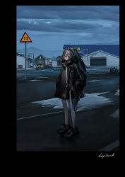 Rule 34 | 1girl, animal ear fluff, animal ears, arknights, black border, black footwear, black jacket, border, building, car, character name, cloud, cloudy sky, commentary request, day, grey eyes, grey hair, hair between eyes, hair ornament, hairclip, hands in pockets, high collar, highres, ikea, jacket, kuroinu9, lappland (arknights), long hair, long sleeves, motor vehicle, mountain, name connection, outdoors, ponytail, puffy long sleeves, puffy sleeves, road, road sign, shoes, sign, sky, snow, solo, standing, street, sweden, tail, window
