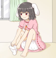 Rule 34 | 1girl, animal ears, bad feet, barefoot, black hair, bloomers, blush, carrot necklace, closed mouth, commentary request, curtains, dress, flat chest, floppy ears, half-closed eyes, highres, inaba tewi, indoors, jewelry, jitome, knees up, looking to the side, necklace, pink dress, puffy short sleeves, puffy sleeves, rabbit ears, red eyes, ribbon-trimmed dress, rozugadena, shadow, short hair, short sleeves, sitting, smile, sock pull, solo, toenails, toes, touhou, underwear, wall, white bloomers, white legwear, window