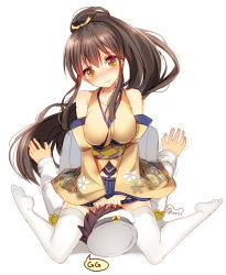 Rule 34 | 1boy, 1girl, admiral (warship girls r), bare shoulders, bison cangshu, blush, breasts, brown hair, detached sleeves, floral print, full body, hat, head tilt, highres, hiryuu (warship girls r), long hair, lying, no shoes, nose blush, on back, outstretched arms, peaked cap, ponytail, sitting, sitting on person, sketch, skirt, speech bubble, thighhighs, trembling, very long hair, warship girls r, wavy mouth, white thighhighs